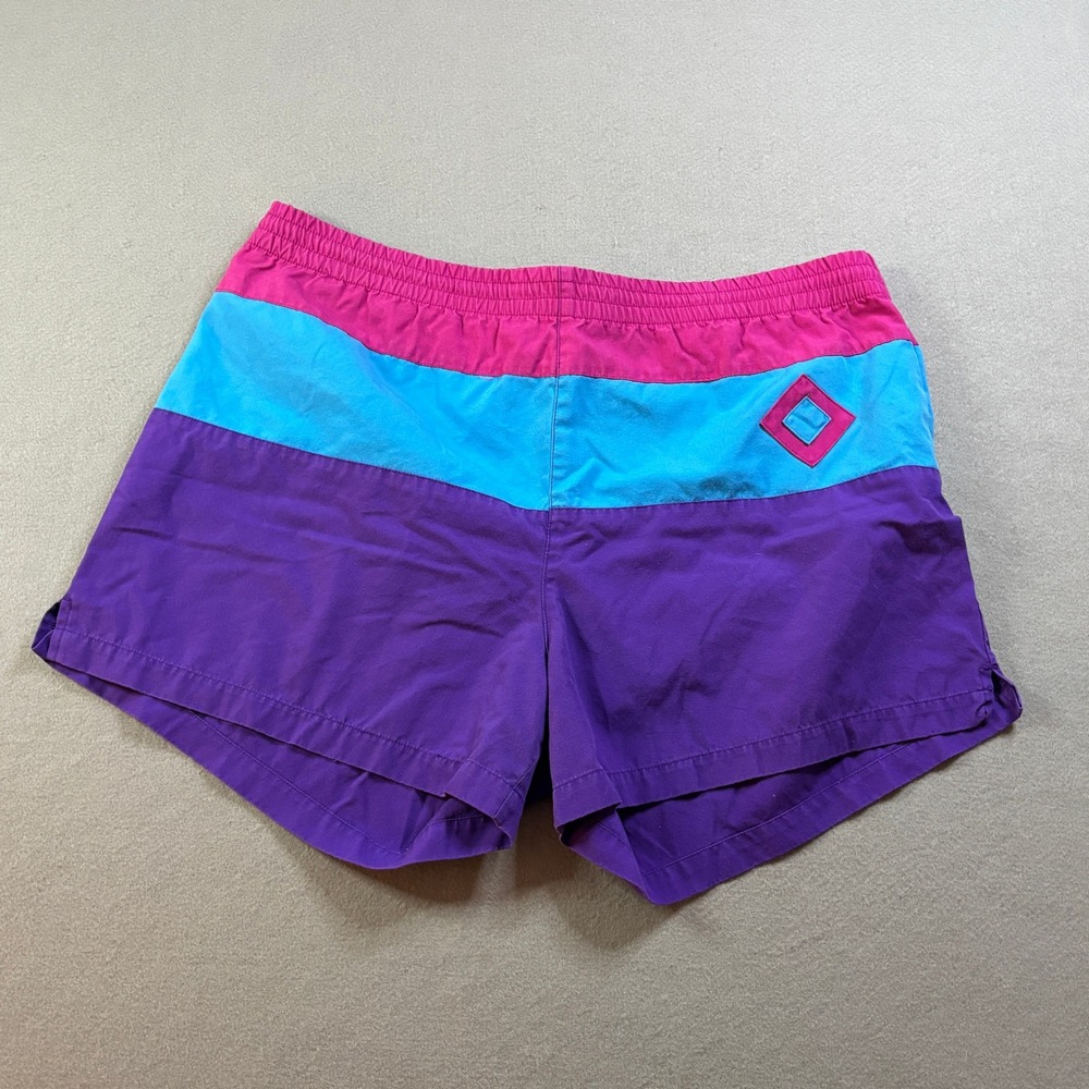 VTG Beach Baron Colorblock Swim Trunks Mens L Purple Pink Blue 90s Retro Surf